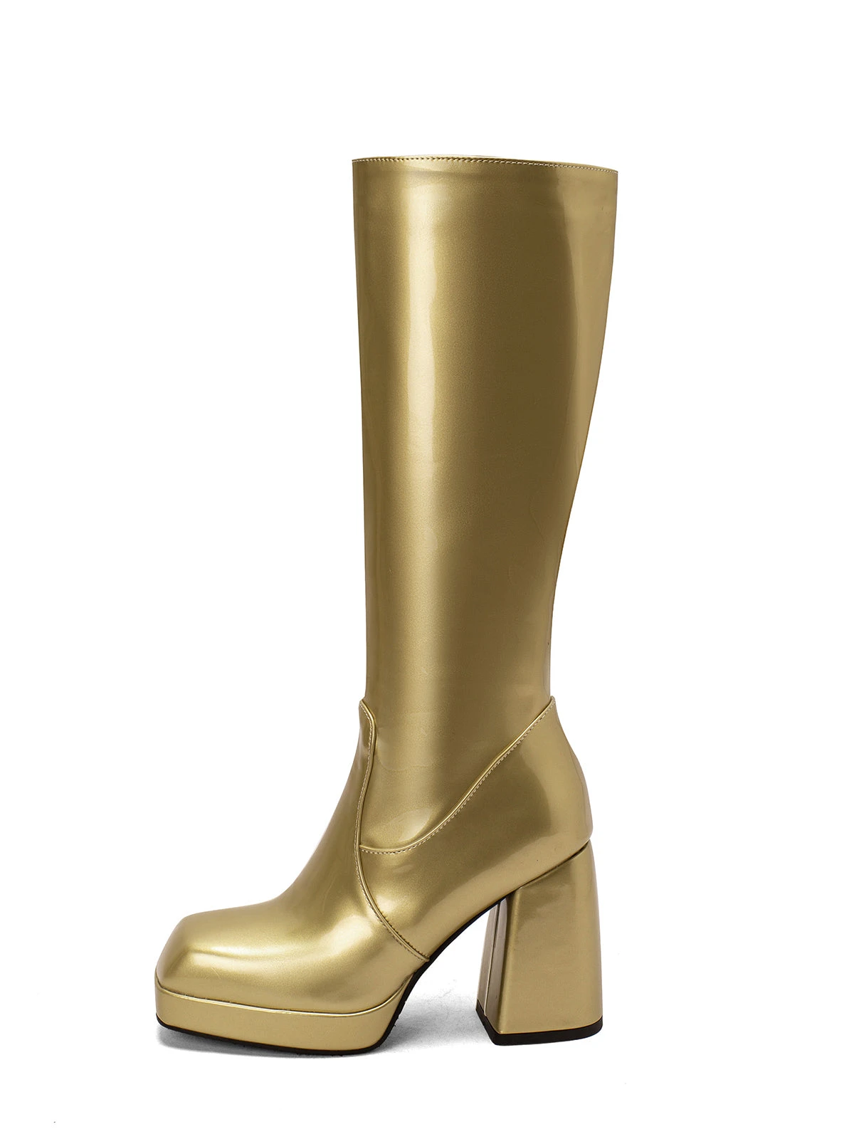 Patent Leather Round Toe Solid High Heel Boots - Image 10