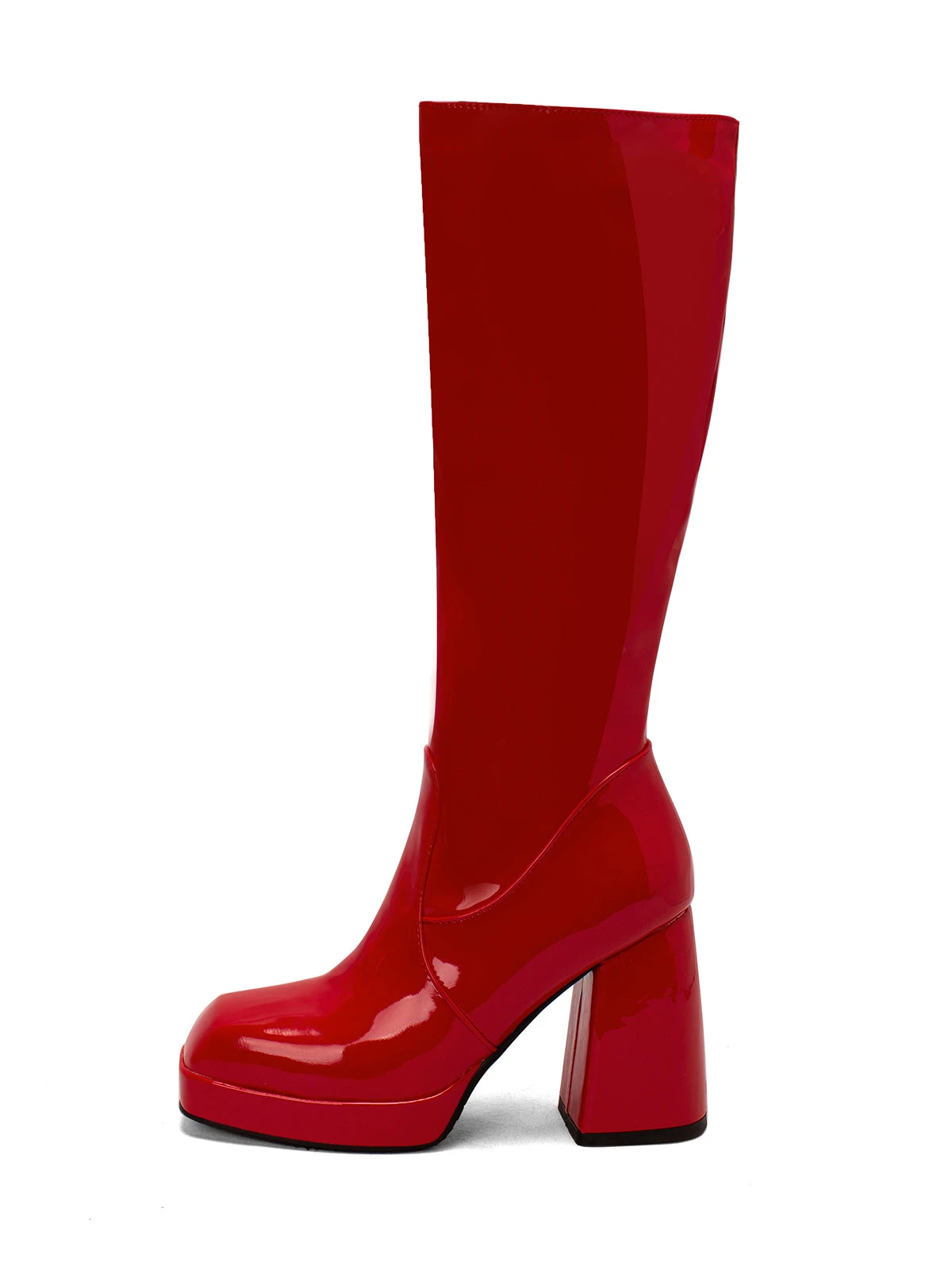 Patent Leather Round Toe Solid High Heel Boots - Image 7