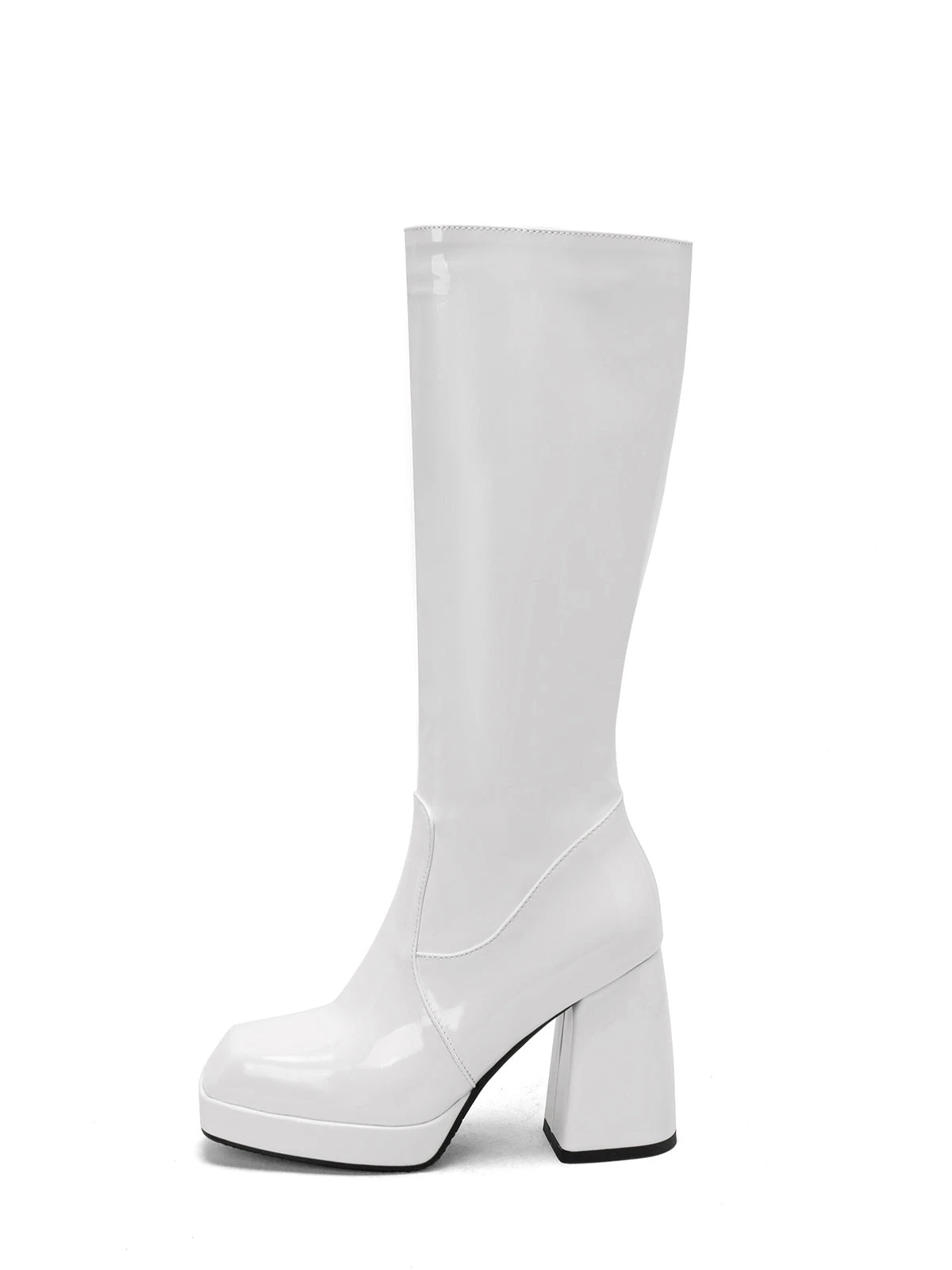 Patent Leather Round Toe Solid High Heel Boots - Image 3