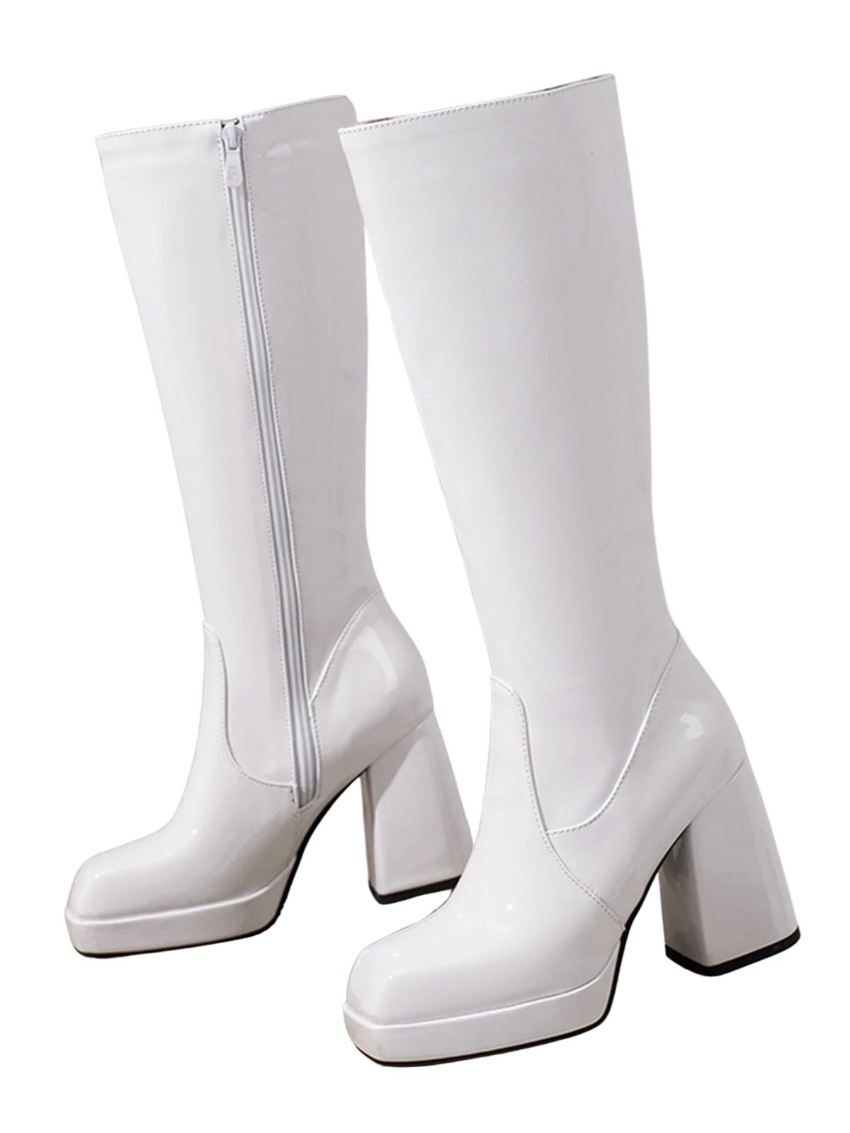 Patent Leather Round Toe Solid High Heel Boots - Image 2