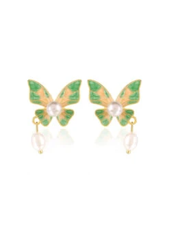 Green Butterfly Pearl Earrings