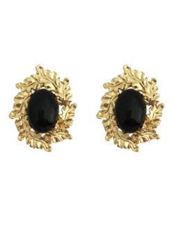 Gold-Rimmed Black Gemstone Earrings