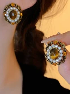 Vintage Olive Yellow Diamond Pearl Earrings