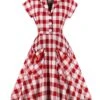 Red White 1950s Pockets Plaid Dress