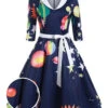 Dark Blue 1950s Moon Star Swing Dress