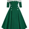 1950s Off Shoulder Button Embellished Dress