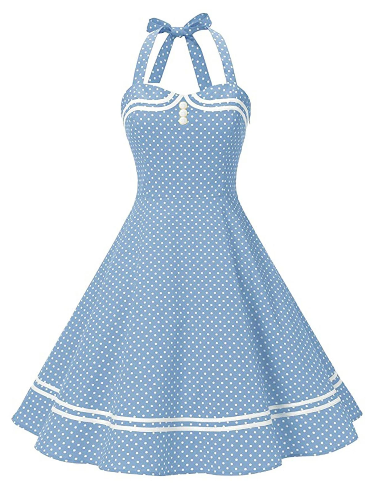Blue 1950s Polka Dot Halter Swing Dress - Image 2