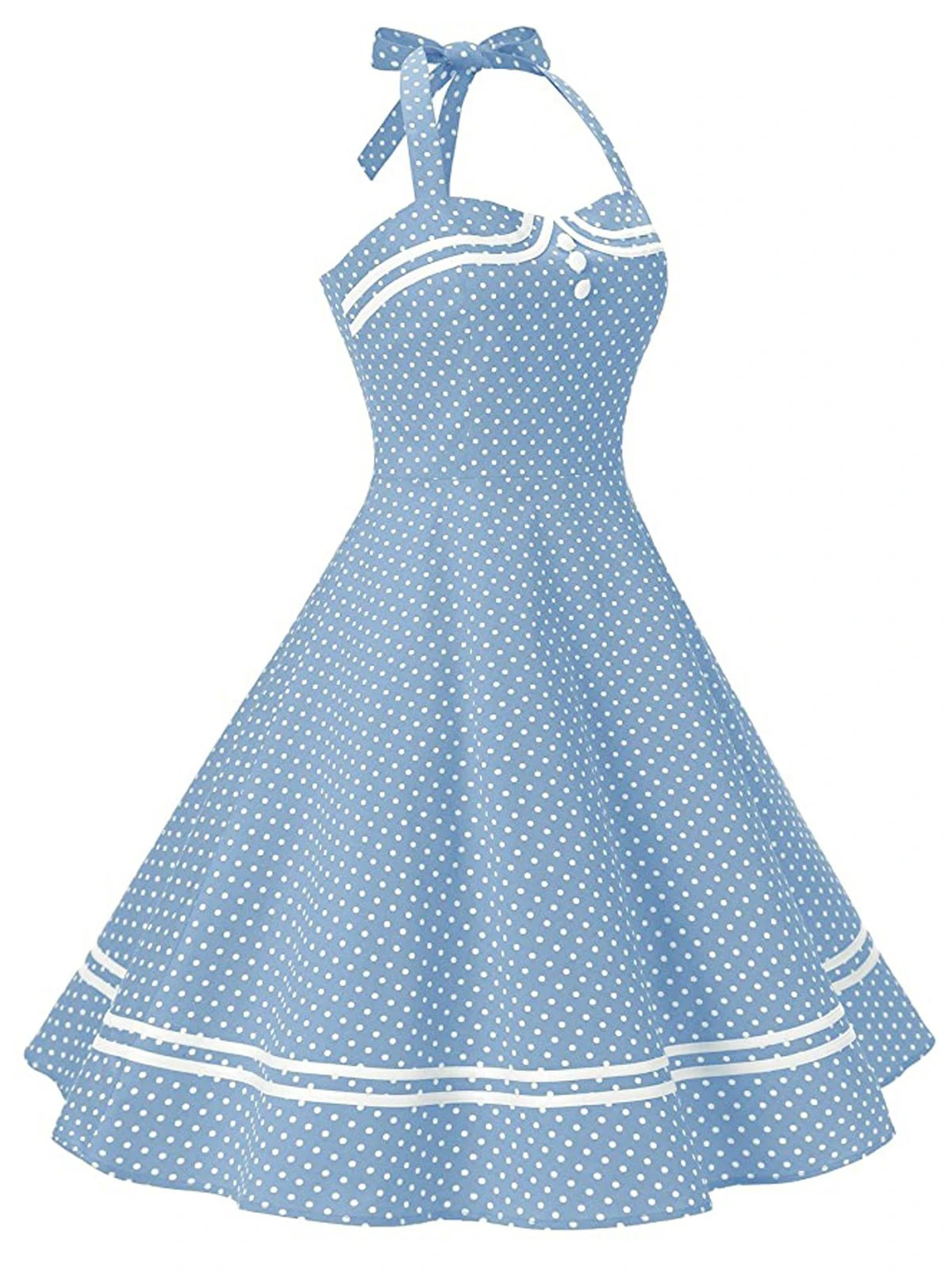 Blue 1950s Polka Dot Halter Swing Dress - Image 3