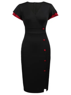Black 1960s Button Slit Bodycon Dress