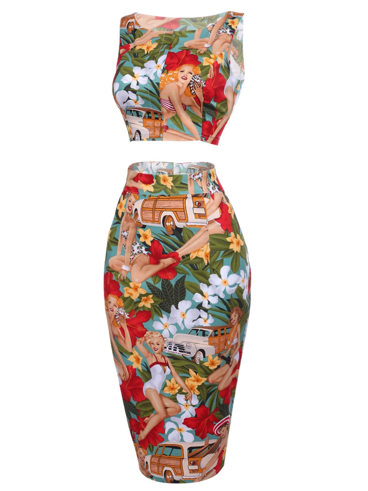 2PCS 1960s Retro Lady Crop Top & Pencil Skirt - Image 2