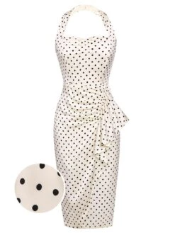 Ivory 1960s Polka Dot Halter Pencil Dress