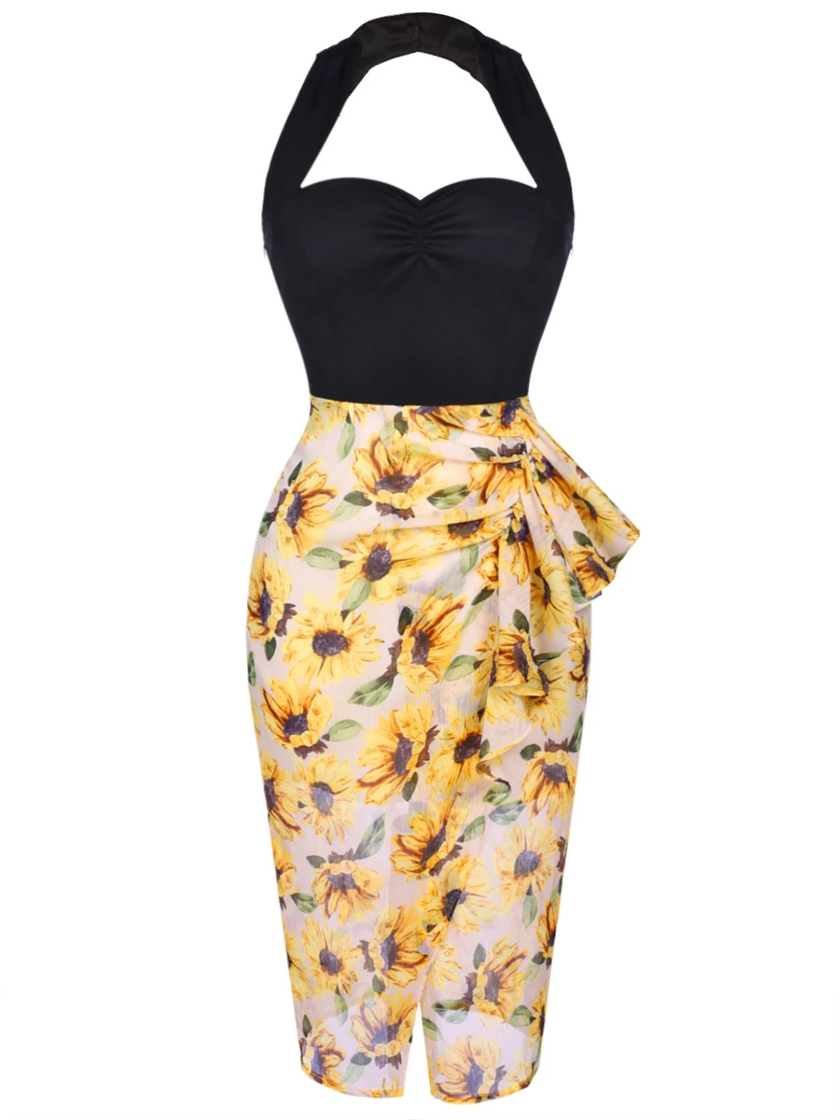 Black 1960s Halter Sunflower Pencil Dress - Image 2