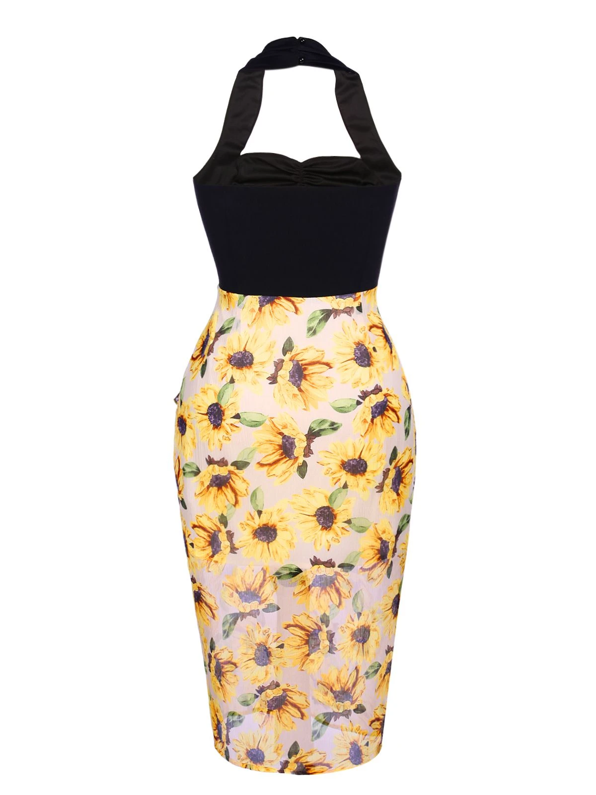 Black 1960s Halter Sunflower Pencil Dress - Image 4