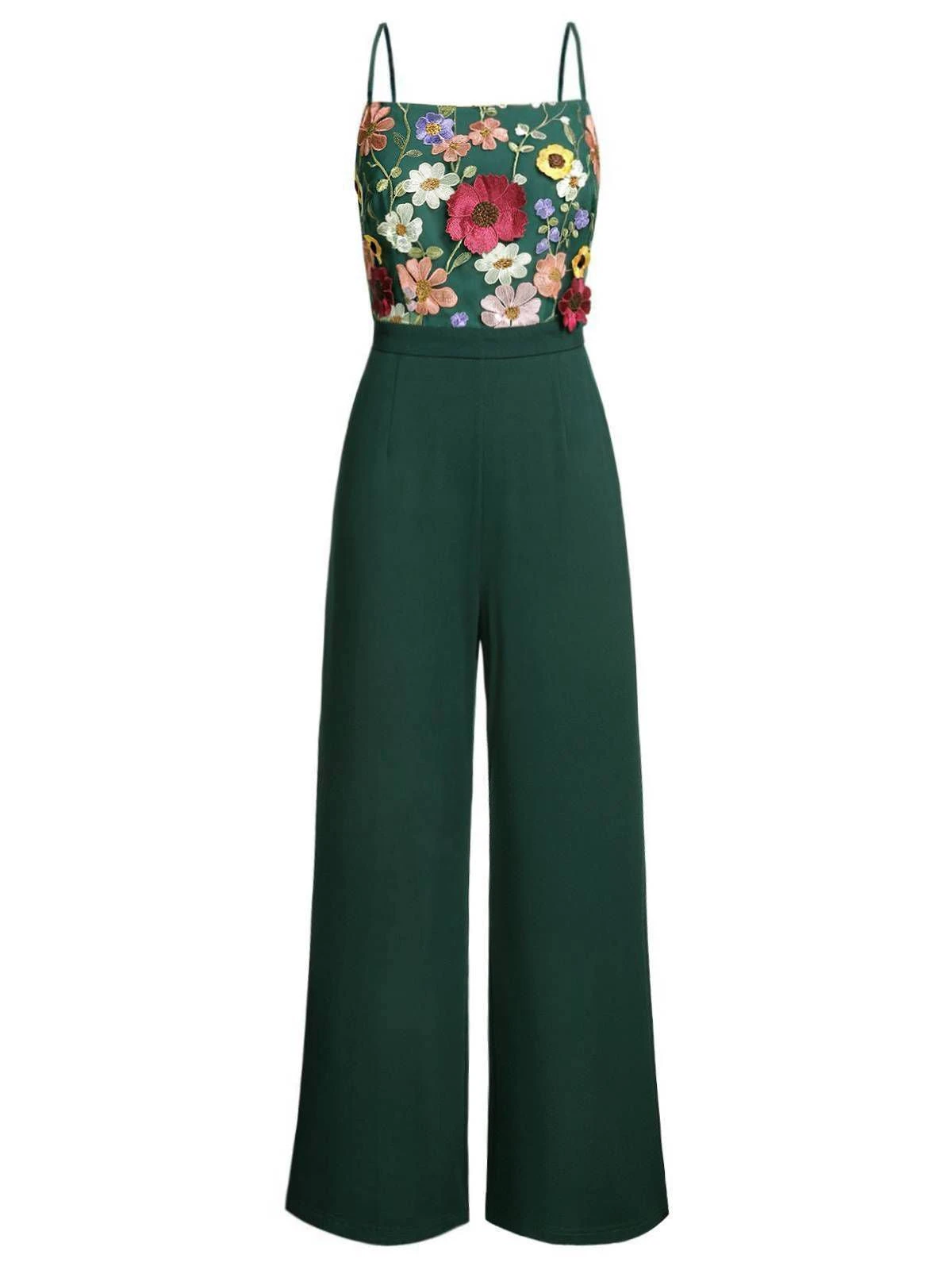Green 1930s 3D Floral Strap Patchwork Jumpsuit - Image 2