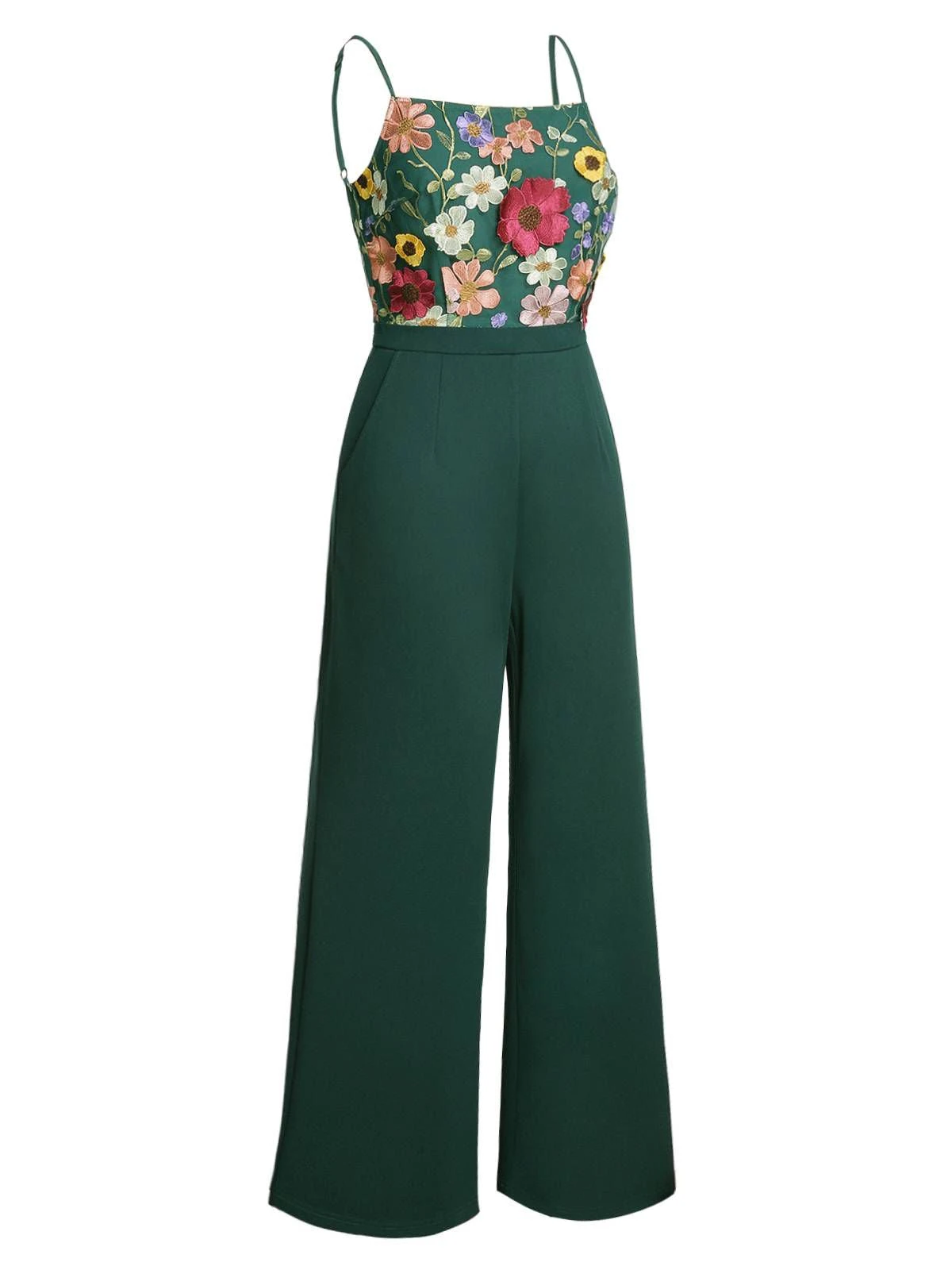 Green 1930s 3D Floral Strap Patchwork Jumpsuit - Image 3