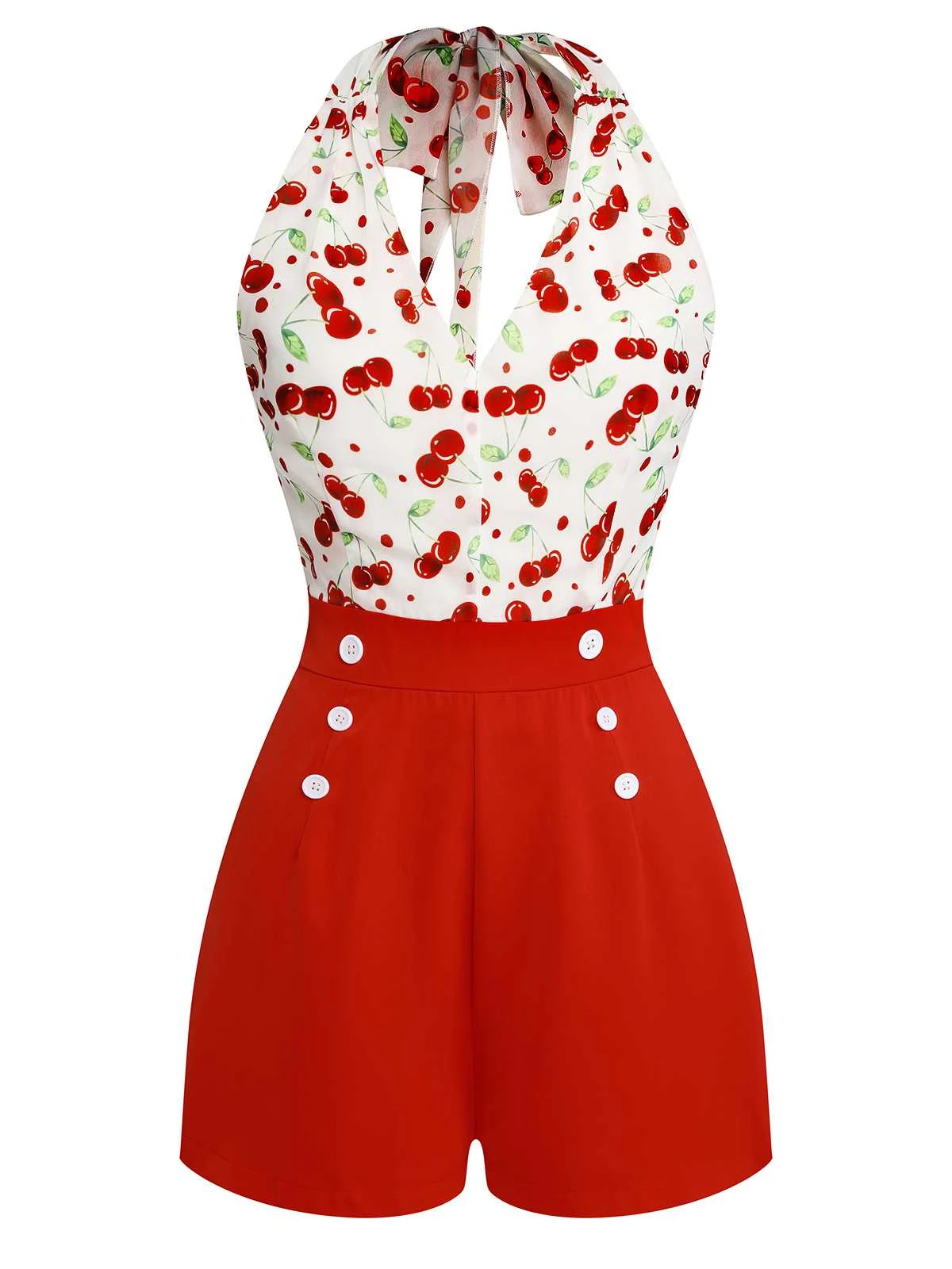 Red 1950s Cherry V-Neck Halter Lace-Up Romper - Image 2