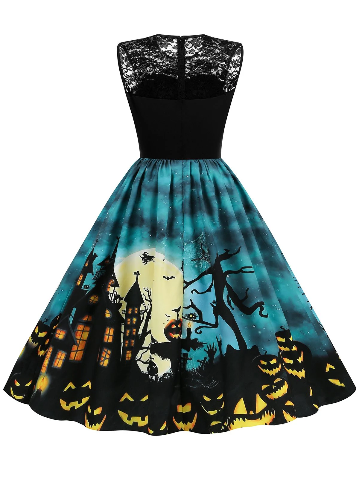 Blue 1950s Halloween Lace Patchwork Dress - Image 2