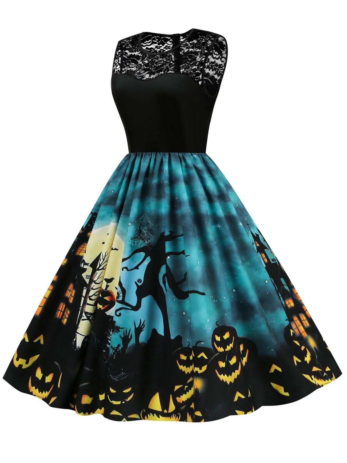 Blue 1950s Halloween Lace Patchwork Dress - Image 3