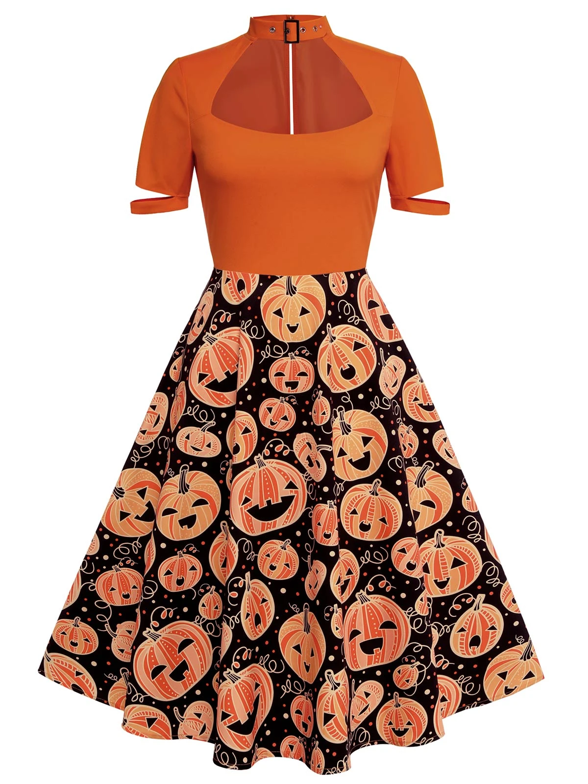 Orange 1950s Halloween Pumpkin Swing Dress - Image 4