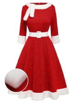Red 1950s Solid Plush Christmas Dress