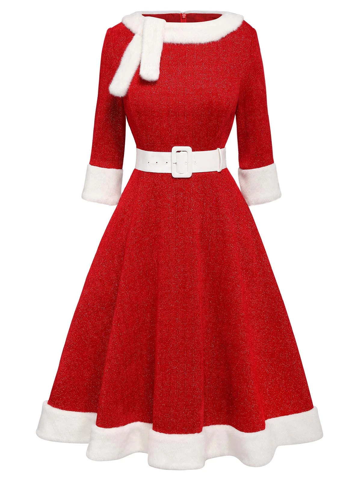 Red 1950s Solid Plush Christmas Dress - Image 2