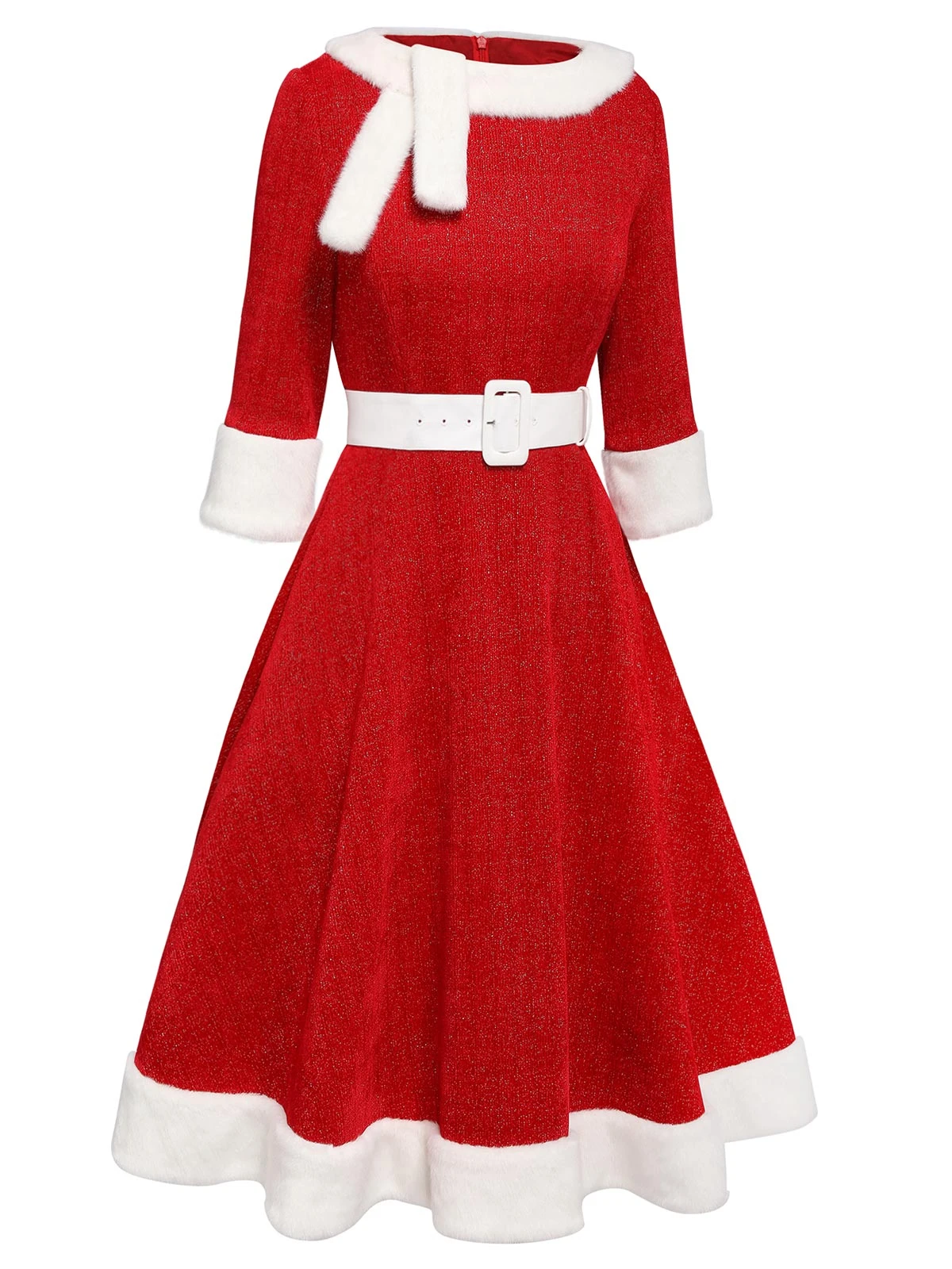 Red 1950s Solid Plush Christmas Dress - Image 3