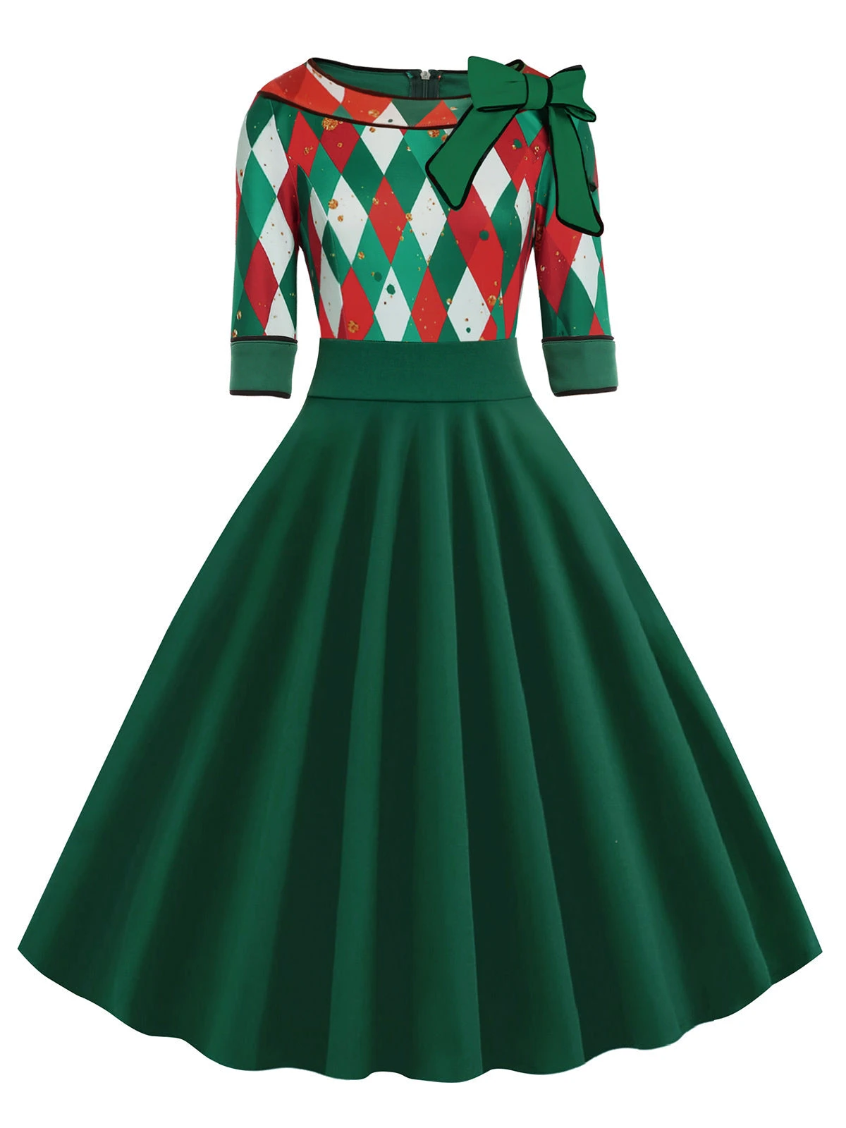 Green 1950s Christmas Plaid Patchwork Dress - Image 2