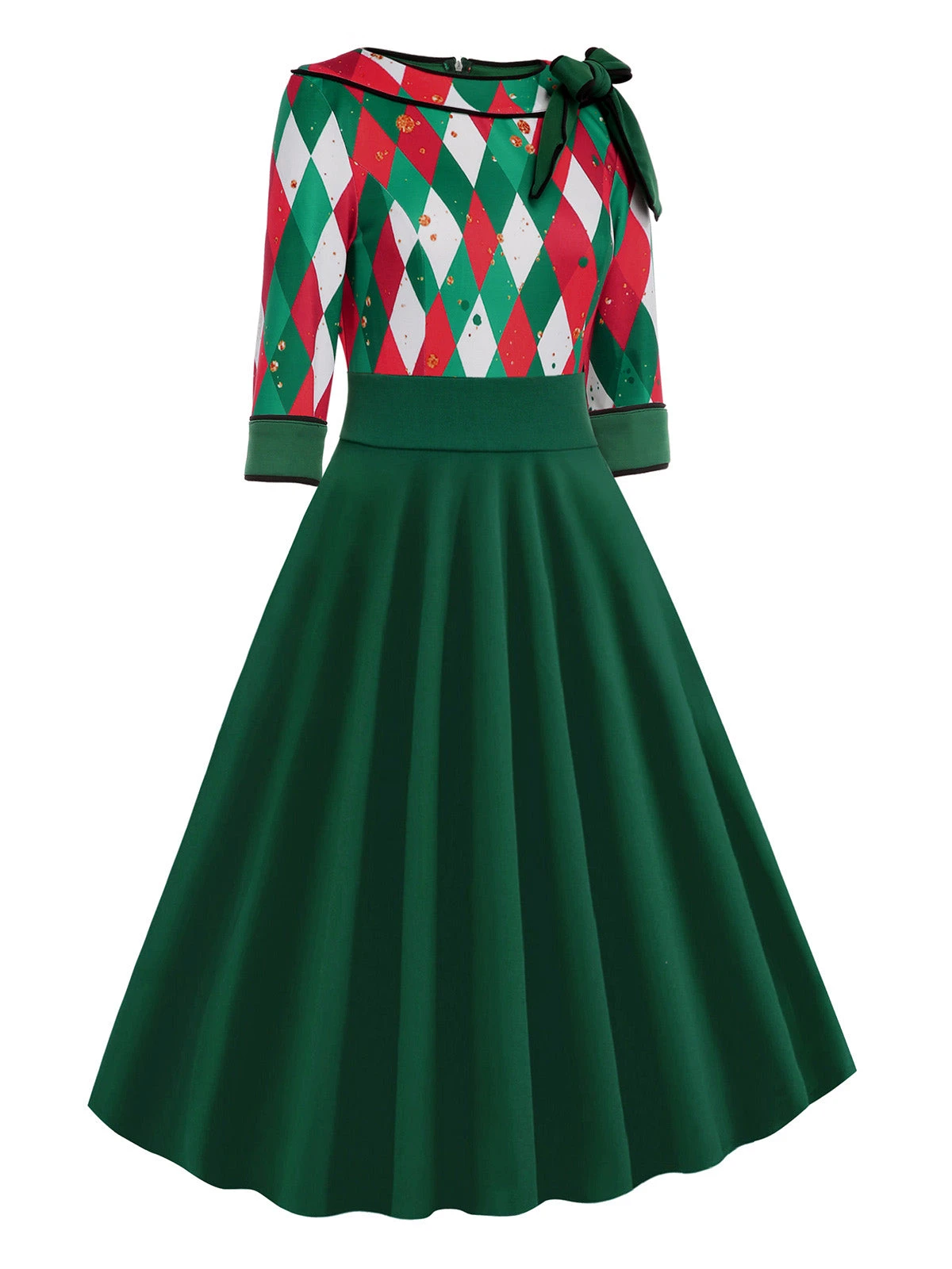 Green 1950s Christmas Plaid Patchwork Dress - Image 3