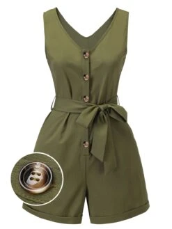 Army Green 1950s V-Neck Button Waist Tie Romper