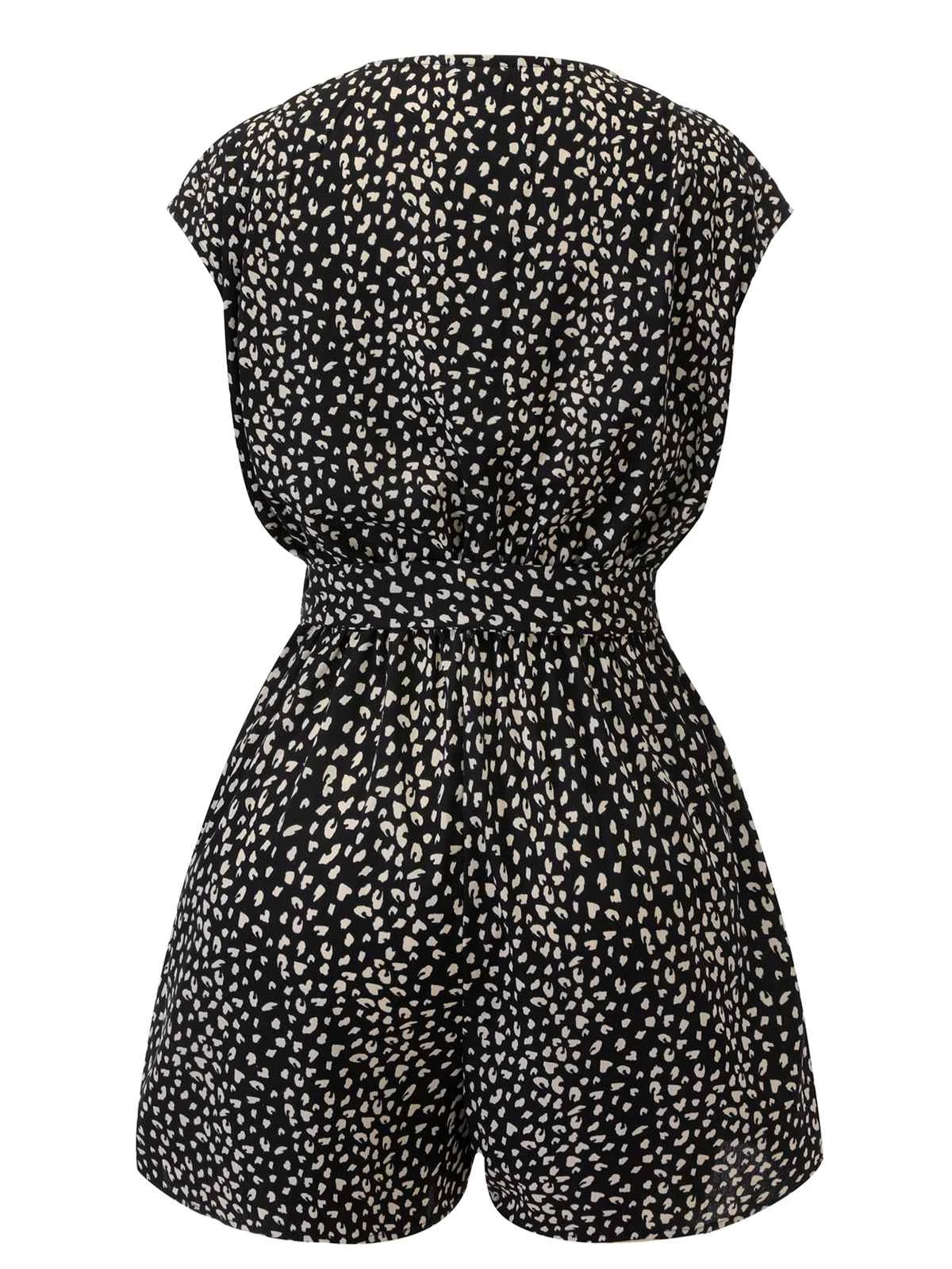 Black 1950s Printed V-Neck Belted Romper - Image 4