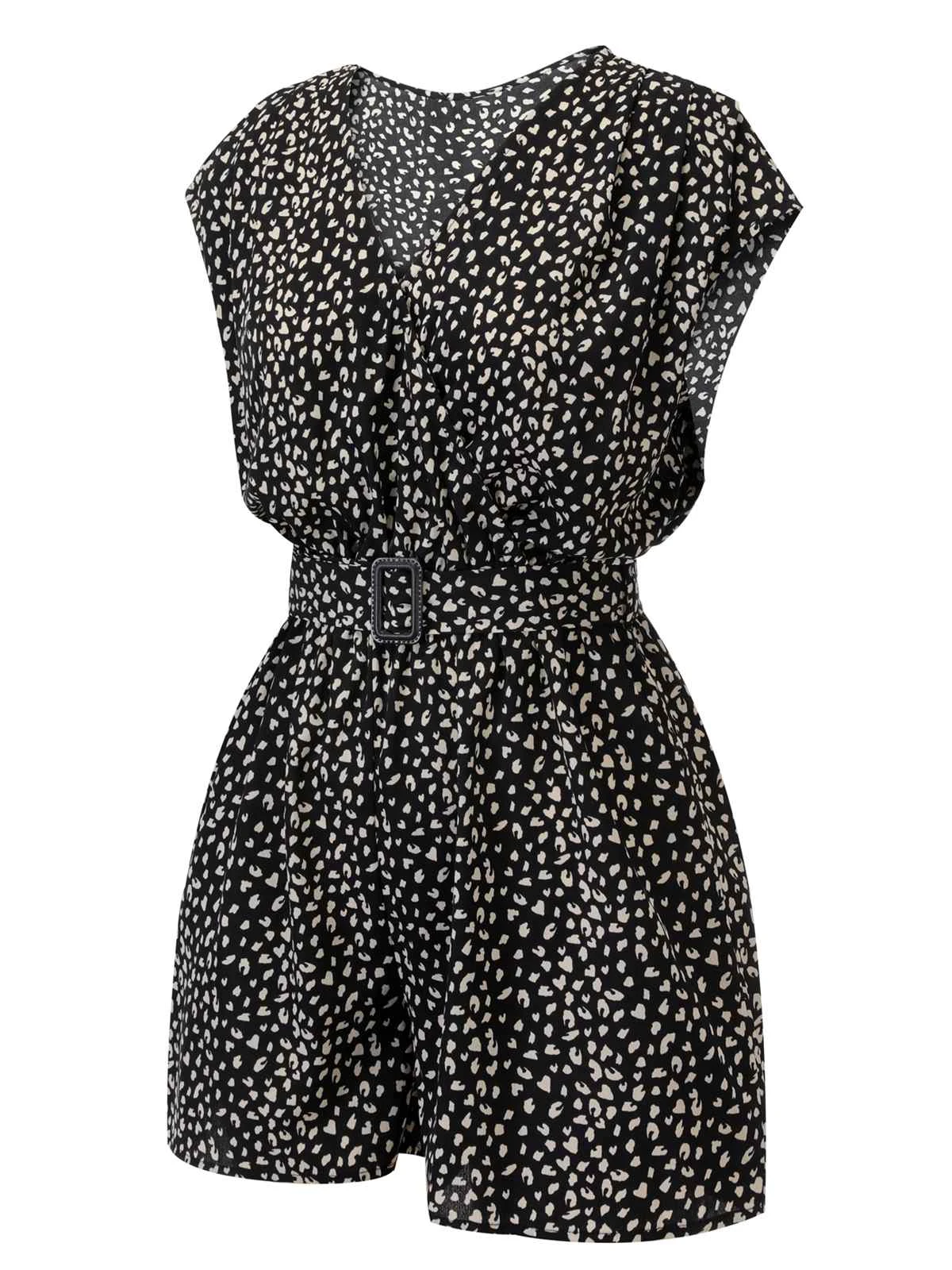 Black 1950s Printed V-Neck Belted Romper - Image 3