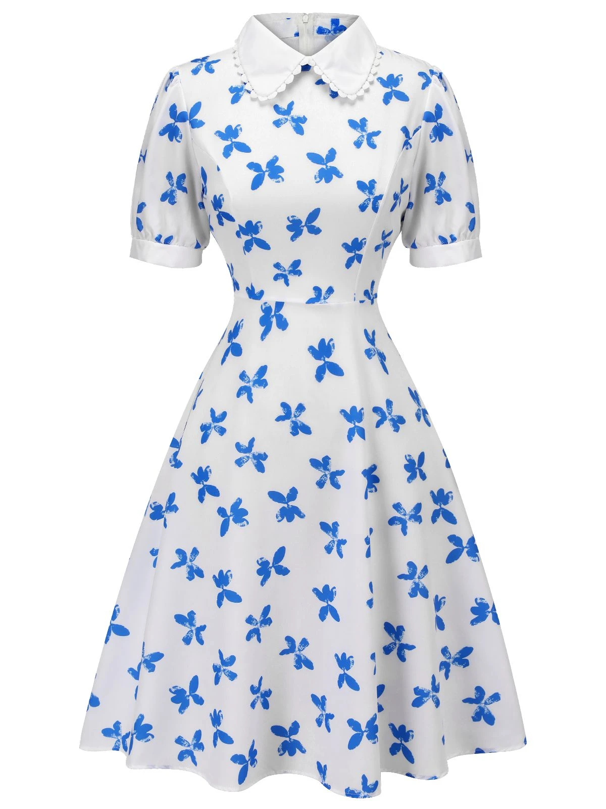 1940s Blue Butterfly Doll Neck Dress - Image 2
