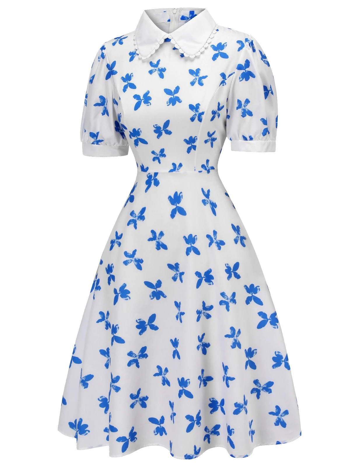 1940s Blue Butterfly Doll Neck Dress - Image 3