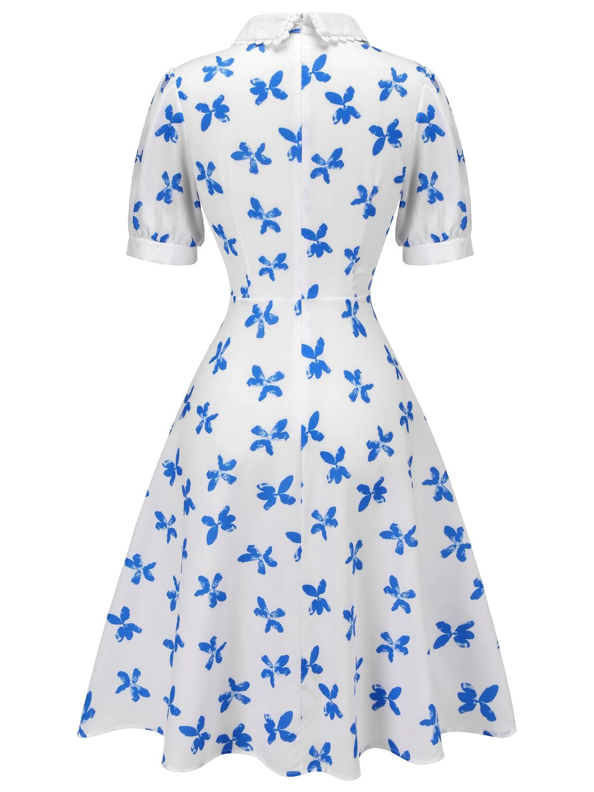 1940s Blue Butterfly Doll Neck Dress - Image 4