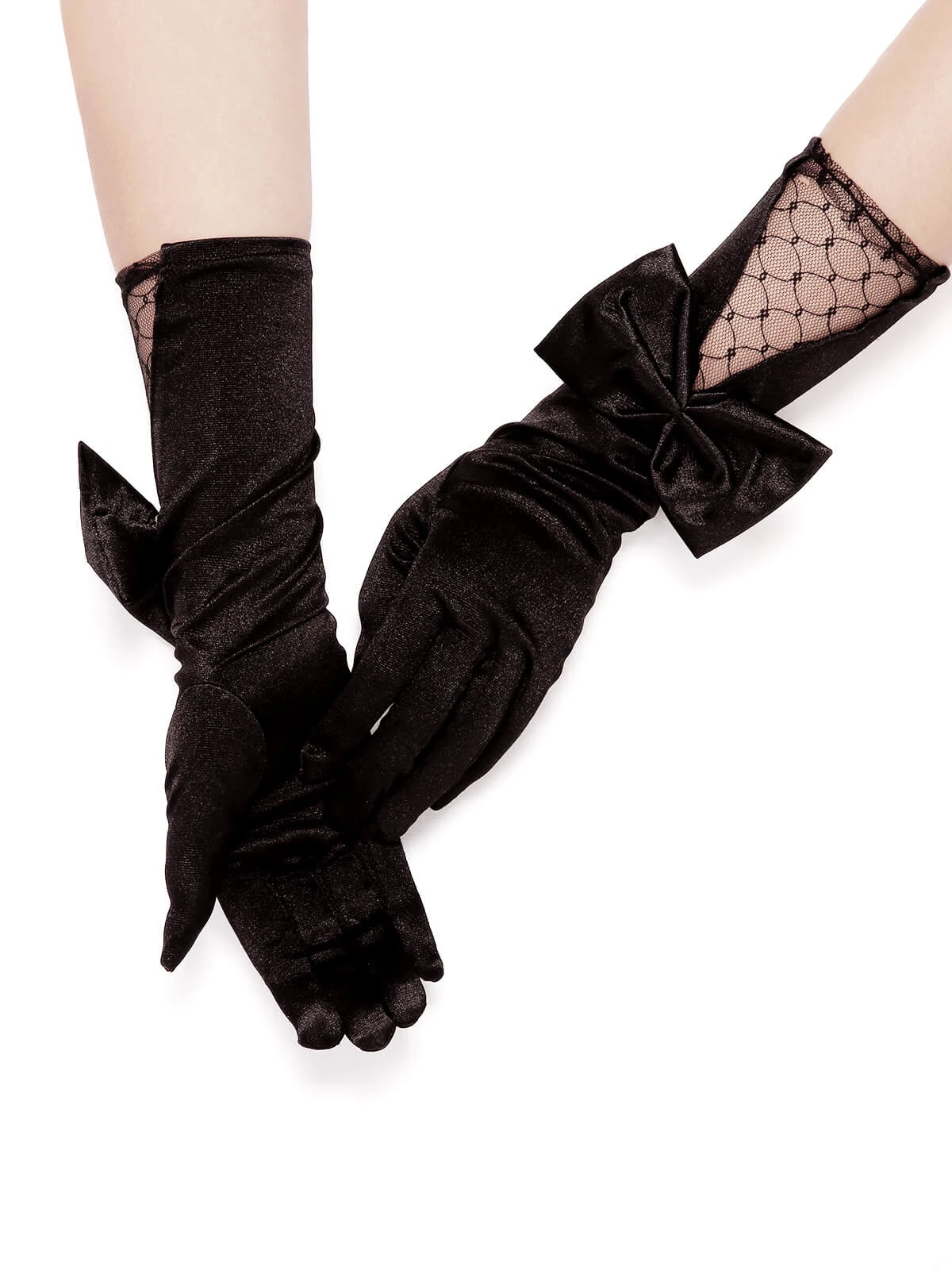 Black Vintage Bowknot Mesh Stitching Gloves - Image 2