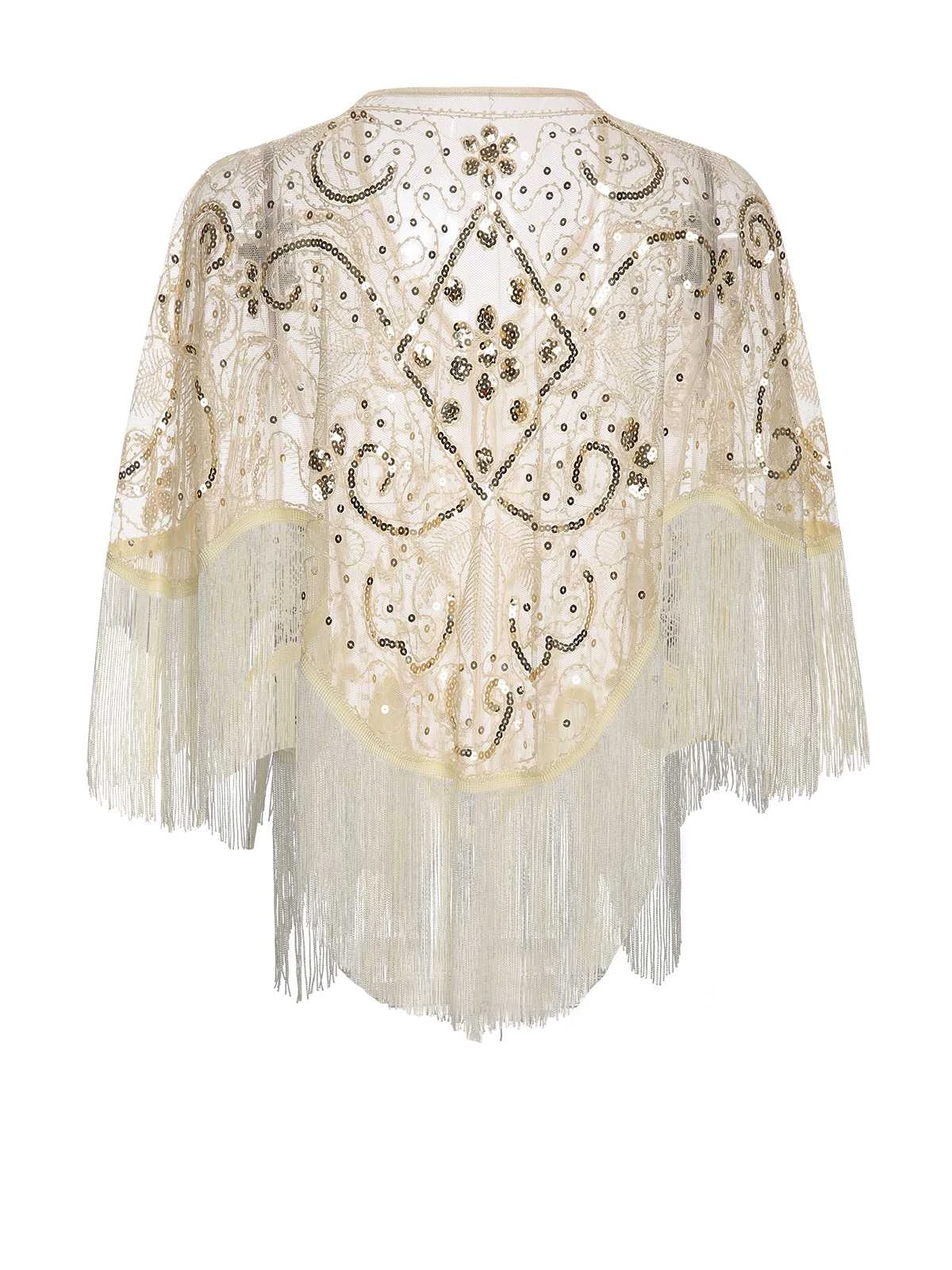 Beige 1920s Sequin Embroidered Fringed Cape - Image 2