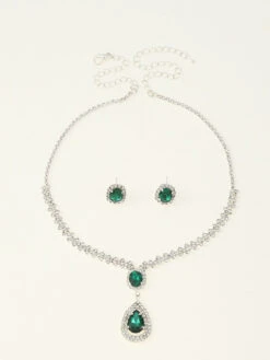 Green Rhinestone Emerald Necklace & Earrings Set