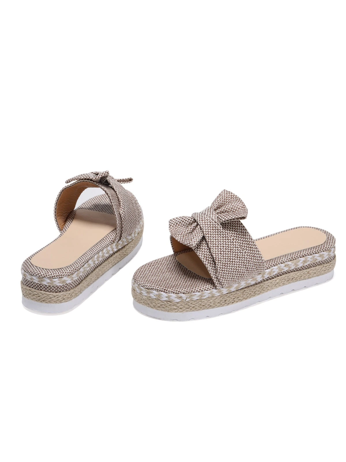 Khaki Knitted Bow Platform Beach Sandals - Image 2