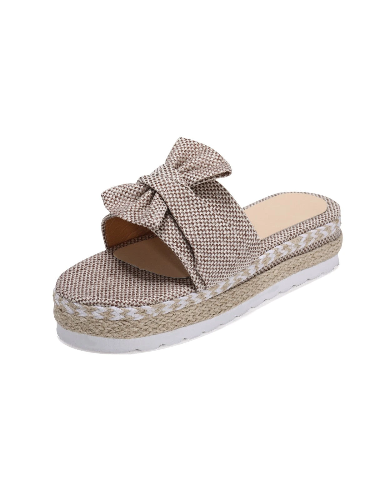 Khaki Knitted Bow Platform Beach Sandals - Image 3