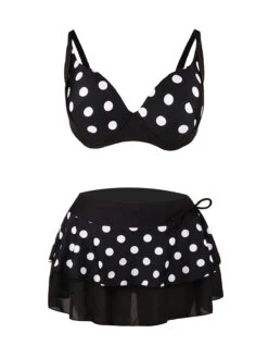 Black 1960s Polka Dot Bikini Set With Skirt