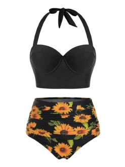 Halter Sunflower Pleated Bikini Set