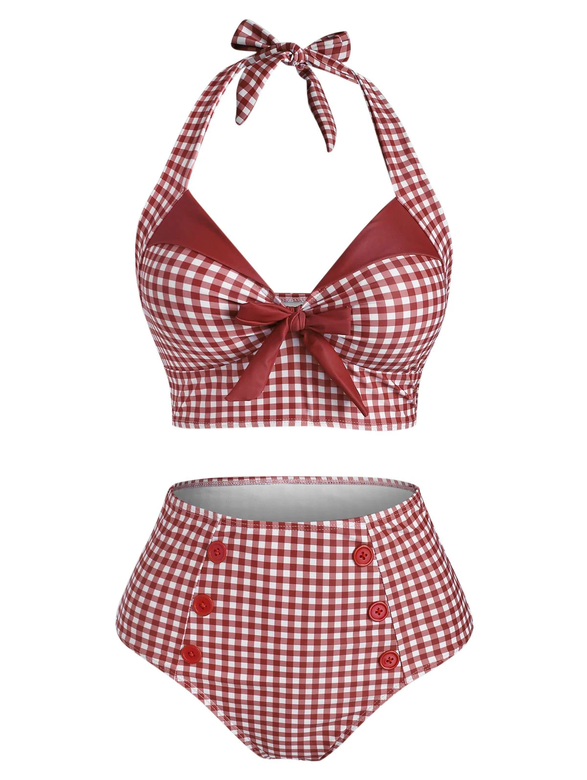 Red 1950s Checked Halter Bowknot Bikini Set