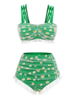 [Pre-Sale] Green 1950s Summer Daisy Strap Swimsuit
