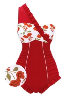[Pre-Sale] 1950s One-shoulder Ruffle One-piece Swimsuit