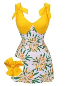 Yellow 1940s Floral Patchwork One-Piece Swimsuit