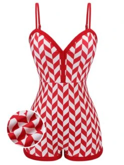 Red 1950s Diamond Plaid Heart Collar Swimsuit