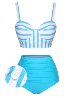 Light Blue 1950s Stripe Strap Swimsuit