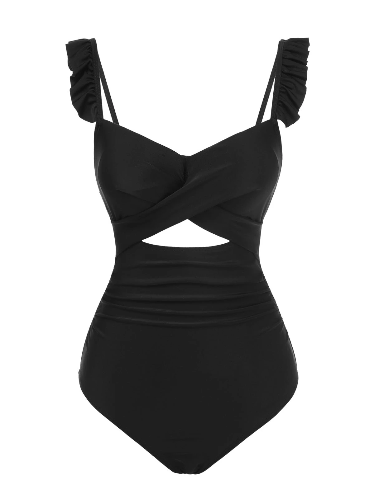 Black 1950s Solid Ruffled Strap Swimsuit - Image 2