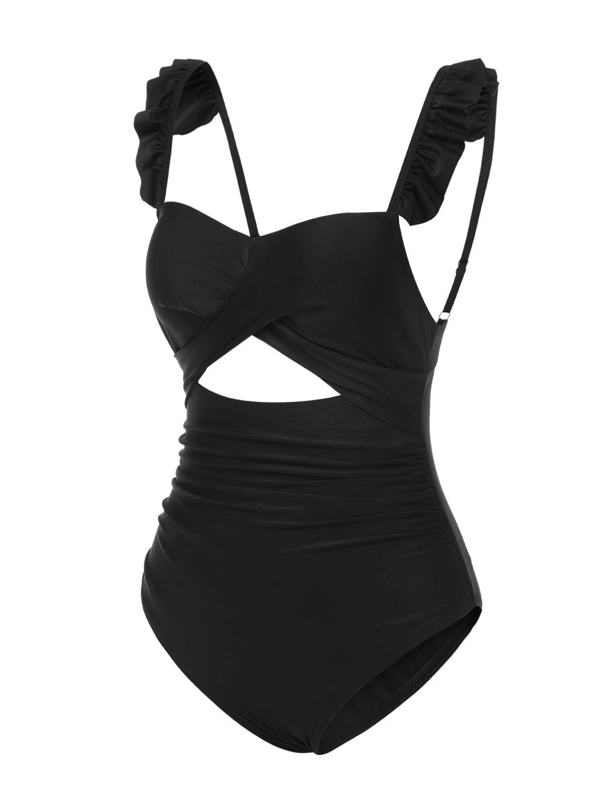 Black 1950s Solid Ruffled Strap Swimsuit - Image 4