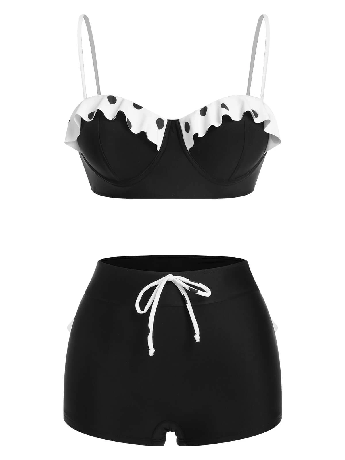 Black White 1950s Dots Layered Strap Swimsuit - Image 2